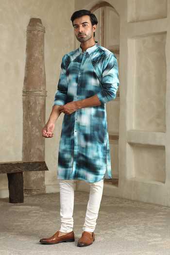 Kudrat Couture_Blue Silk, Cotton, Satin, Lycra Neel Ishq Printed Kurta Set _Online_at_Aza_Fashions