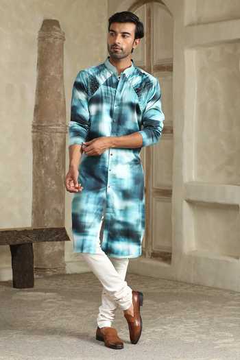 Buy_Kudrat Couture_Blue Silk, Cotton, Satin, Lycra Neel Ishq Printed Kurta Set _Online_at_Aza_Fashions