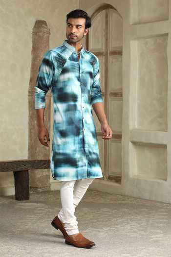 Shop_Kudrat Couture_Blue Silk, Cotton, Satin, Lycra Neel Ishq Printed Kurta Set _Online_at_Aza_Fashions