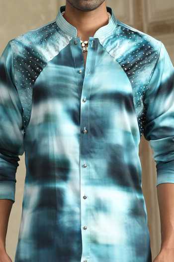 Kudrat Couture_Blue Silk, Cotton, Satin, Lycra Neel Ishq Printed Kurta Set _at_Aza_Fashions