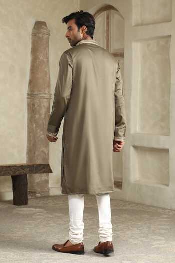 Shop_Kudrat Couture_Green Silk, Cotton Placement Embroidered Kurta Set _at_Aza_Fashions