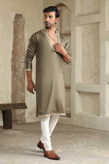 Buy_Kudrat Couture_Green Silk, Cotton Placement Embroidered Kurta Set _Online_at_Aza_Fashions