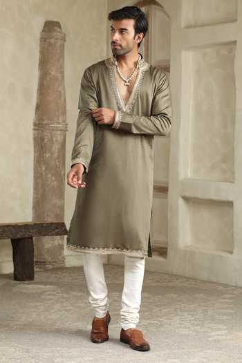 Shop_Kudrat Couture_Green Silk, Cotton Placement Embroidered Kurta Set _Online_at_Aza_Fashions