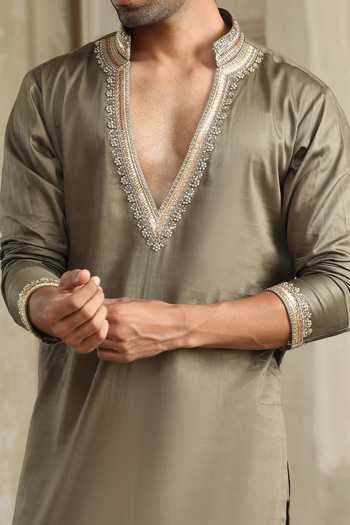 Kudrat Couture_Green Silk, Cotton Placement Embroidered Kurta Set _at_Aza_Fashions