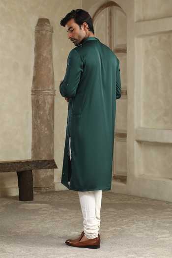 Shop_Kudrat Couture_Green Silk, Cotton, Lycra Sheesh Kurta Set _at_Aza_Fashions
