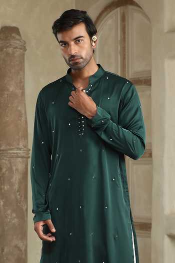 Kudrat Couture_Green Silk, Cotton, Lycra Sheesh Kurta Set _Online_at_Aza_Fashions