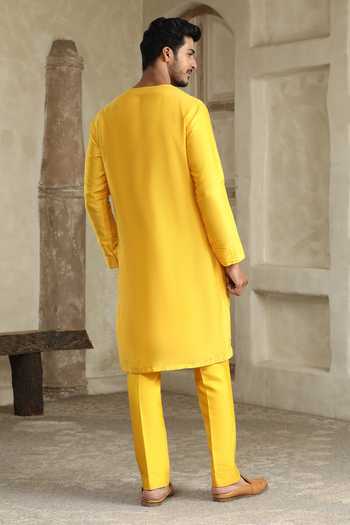 Shop_Kudrat Couture_Yellow Cotton, Chanderi Silk Floral Hand Painted Kurta Set _at_Aza_Fashions