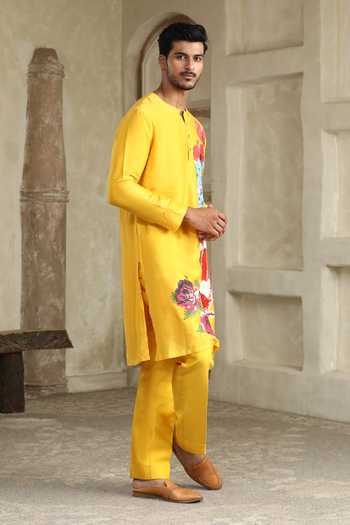 Kudrat Couture_Yellow Cotton, Chanderi Silk Floral Hand Painted Kurta Set _Online_at_Aza_Fashions