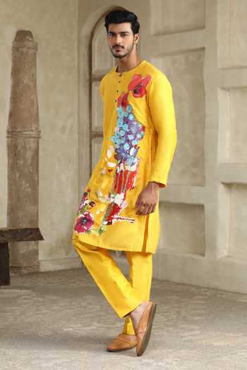 Buy_Kudrat Couture_Yellow Cotton, Chanderi Silk Floral Hand Painted Kurta Set _Online_at_Aza_Fashions