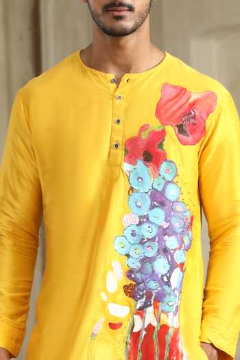 Shop_Kudrat Couture_Yellow Cotton, Chanderi Silk Floral Hand Painted Kurta Set _Online_at_Aza_Fashions