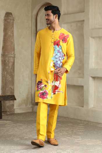 Kudrat Couture_Yellow Cotton, Chanderi Silk Floral Hand Painted Kurta Set _at_Aza_Fashions