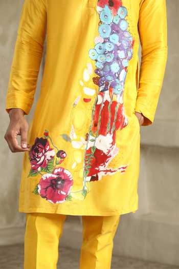 Buy_Kudrat Couture_Yellow Cotton, Chanderi Silk Floral Hand Painted Kurta Set 