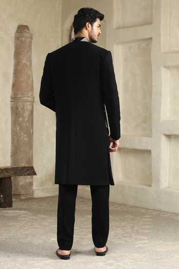 Shop_Kudrat Couture_Black Satin, Viscose Panelled Sherwani Set _at_Aza_Fashions