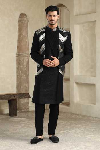 Kudrat Couture_Black Satin, Viscose Panelled Sherwani Set _Online_at_Aza_Fashions