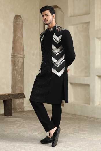 Buy_Kudrat Couture_Black Satin, Viscose Panelled Sherwani Set _Online_at_Aza_Fashions