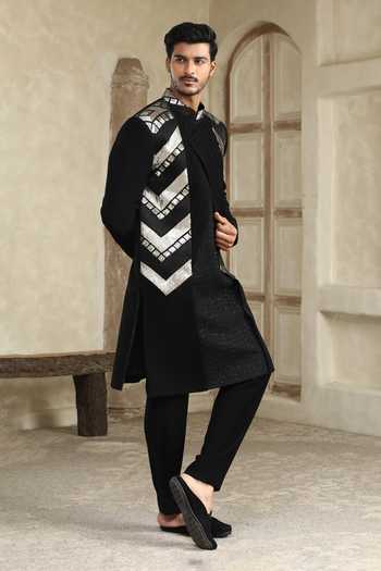 Shop_Kudrat Couture_Black Satin, Viscose Panelled Sherwani Set _Online_at_Aza_Fashions