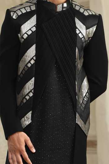 Kudrat Couture_Black Satin, Viscose Panelled Sherwani Set _at_Aza_Fashions