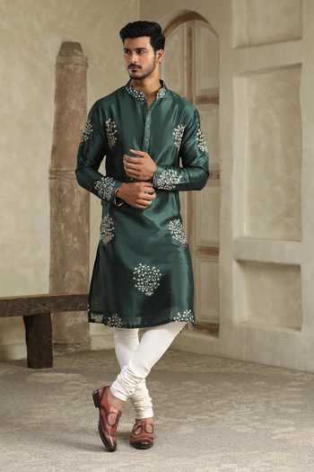 Kudrat Couture_Green Silk Embroidered Kurta _Online_at_Aza_Fashions