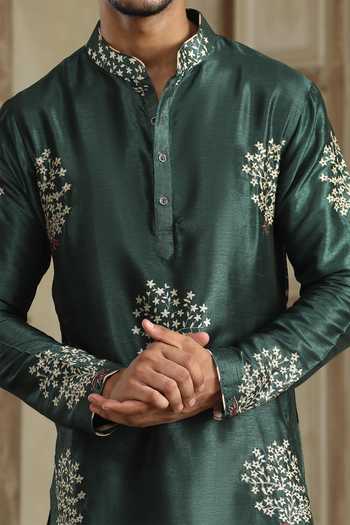 Buy_Kudrat Couture_Green Silk Embroidered Kurta _Online_at_Aza_Fashions