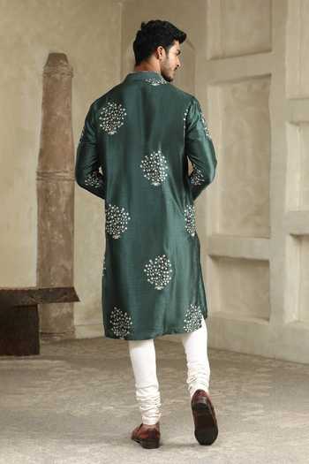 Shop_Kudrat Couture_Green Silk Embroidered Kurta _at_Aza_Fashions