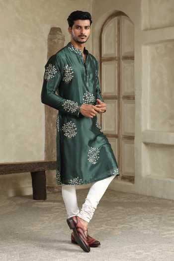 Shop_Kudrat Couture_Green Silk Embroidered Kurta _Online_at_Aza_Fashions