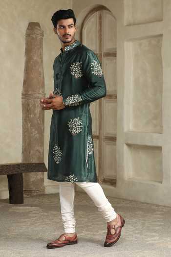 Kudrat Couture_Green Silk Embroidered Kurta _at_Aza_Fashions