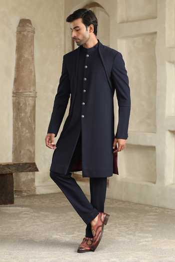 Buy_Kudrat Couture_Blue Satin, Viscose Textured Sherwani Set _Online_at_Aza_Fashions