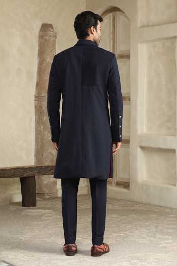Shop_Kudrat Couture_Blue Satin, Viscose Textured Sherwani Set _at_Aza_Fashions