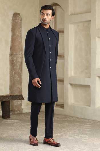 Shop_Kudrat Couture_Blue Satin, Viscose Textured Sherwani Set _Online_at_Aza_Fashions