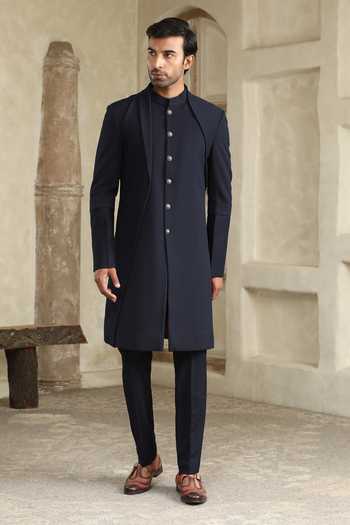 Kudrat Couture_Blue Satin, Viscose Textured Sherwani Set _at_Aza_Fashions