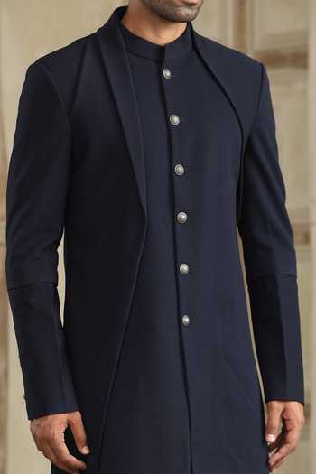 Buy_Kudrat Couture_Blue Satin, Viscose Textured Sherwani Set 