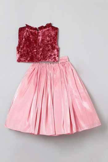 Byb Premium_Pink Silk, Chiffon Sequins, Embroidery Floral Top And Skirt Set _at_Aza_Fashions
