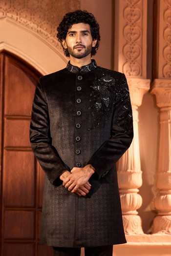 Buy_Arihant Rai Sinha_Black Velvet, Dupion, Silk Embroidery Sherwani Set _at_Aza_Fashions