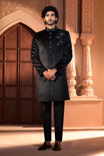 Arihant Rai Sinha_Black Velvet, Dupion, Silk Embroidery Sherwani Set 