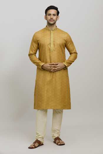 Buy_Arihant Rai Sinha_Yellow Polyester, Cotton Geometric Woven Kurta And Churidar Set 