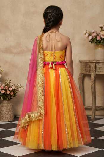 Shop_Byb Premium_Yellow Chanderi, Tulle Tassels, Embroidered Halter Neck Choli And Lehenga Set _at_Aza_Fashions