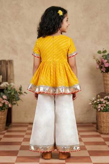 Shop_Byb Premium_Yellow Kota Doria Embroidery Embellished Peplum Top And Palazzo Set _at_Aza_Fashions
