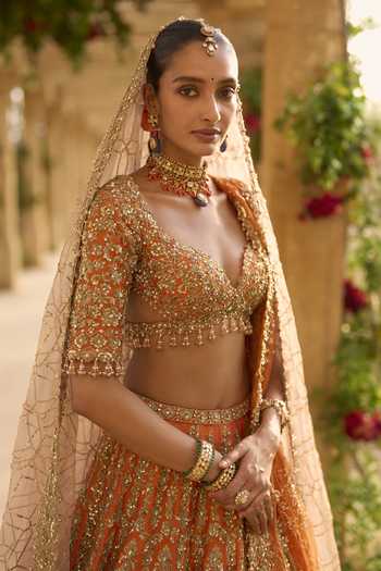 Shop_Seema Gujral_Orange Silk, Organza Sweetheart Neck Zardozi Work Bridal Lehenga Set _Online_at_Aza_Fashions
