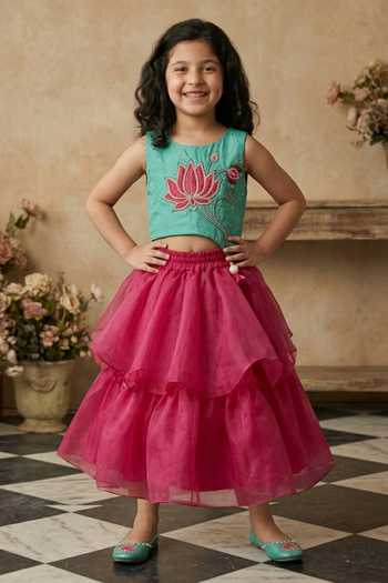 Buy_Byb Premium_Pink Organza, Bamboo Pearls, Lotus Floral Embroidered Top And Layered Skirt Set _at_Aza_Fashions