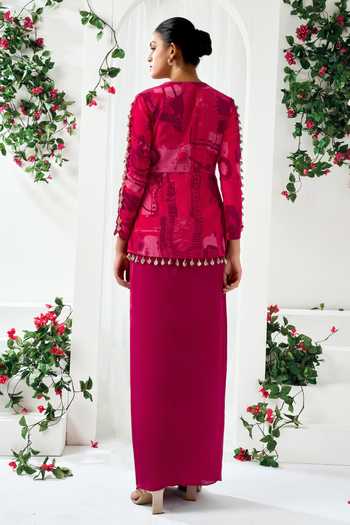 Shop_Arje India_Red Crepe V-neck Abstract Print Top And Skirt Set _at_Aza_Fashions