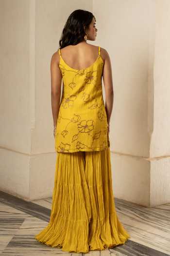 Shop_Nimbu Mirchi_Yellow Chanderi Scoop Neck Iqra Embroidered Kurta Sharara Set _at_Aza_Fashions