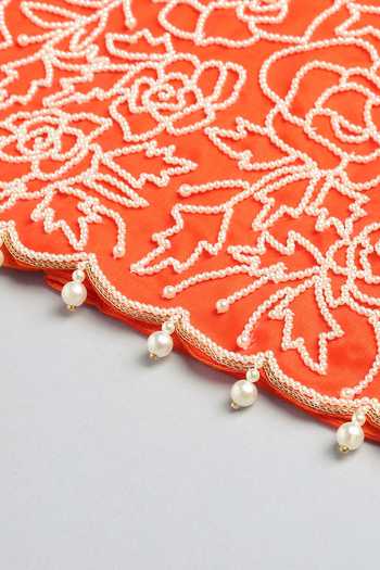 Byb Premium_Orange Organza, Crepe Embroidery Floral Pearl Choli With Lehenga _Online
