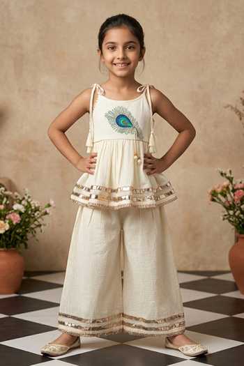 Shop_Byb Premium_Off White Cotton Embroidery, Beads Embellished Top And Palazzo Set _at_Aza_Fashions