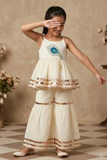 Byb Premium_Off White Cotton Embroidery, Beads Embellished Top And Palazzo Set 