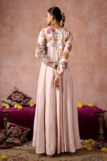 Shop_Arje India_Pink Silk, Cotton V-neck Floral Print Anarkali _at_Aza_Fashions