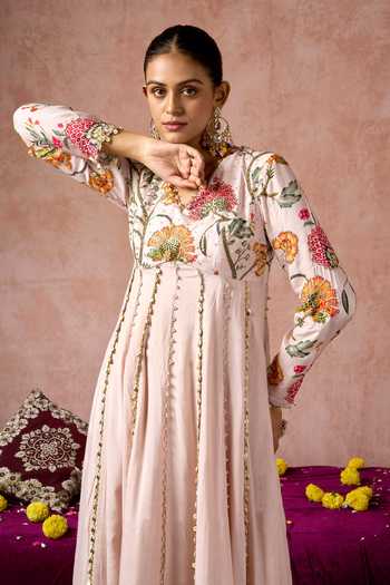 Arje India_Pink Silk, Cotton V-neck Floral Print Anarkali _Online_at_Aza_Fashions