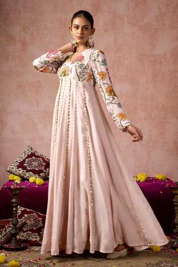 Buy_Arje India_Pink Silk, Cotton V-neck Floral Print Anarkali _Online_at_Aza_Fashions