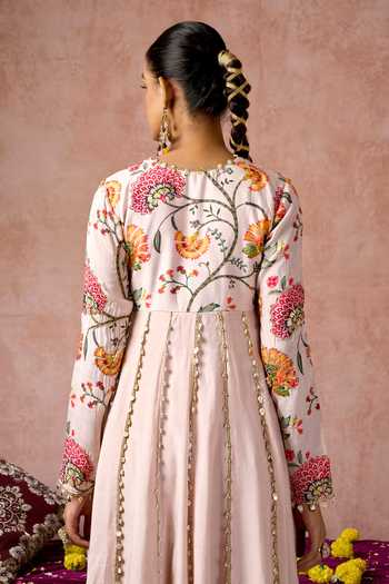 Shop_Arje India_Pink Silk, Cotton V-neck Floral Print Anarkali _Online_at_Aza_Fashions