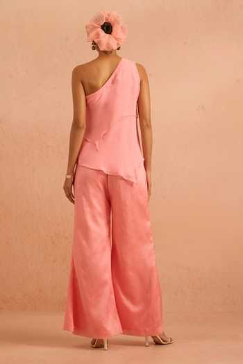 Shop_Tarini Vij_Pink Organza One Shoulder Sabah Embroidered Top And Palazzo Set _at_Aza_Fashions