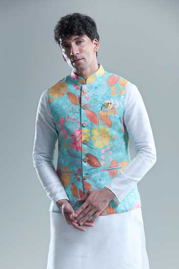 Buy_Arihant Rai Sinha_Blue Cotton, Silk Foil Printing Garden Bandi And Kurta Set _at_Aza_Fashions